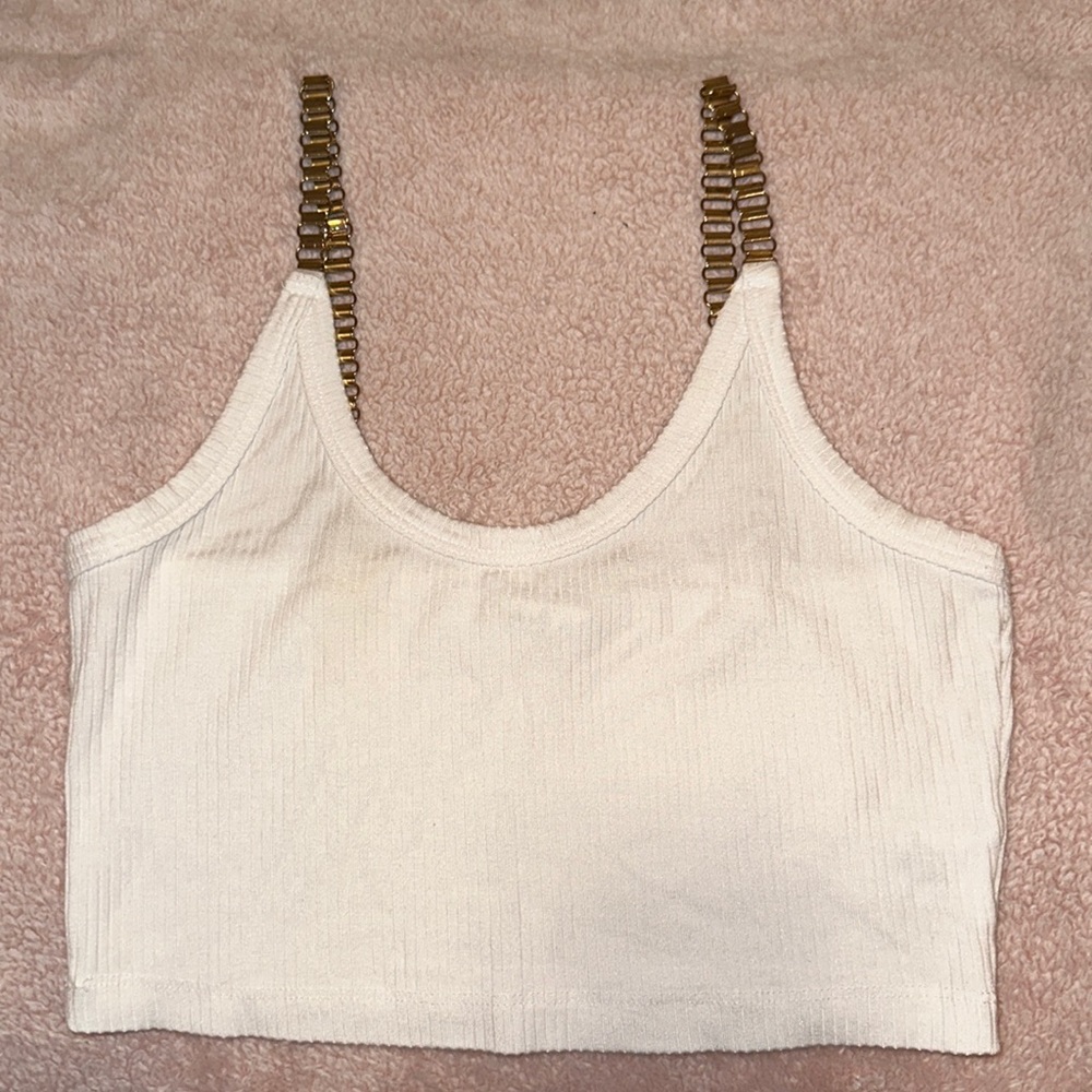 White ribbed crop top with gold chain straps